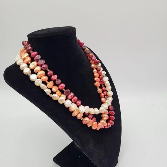 VTG 14/20 Gold Filled Clasp 3 Strand Red Peach Cream Pearl Statement Necklace - Picture 2 of 9